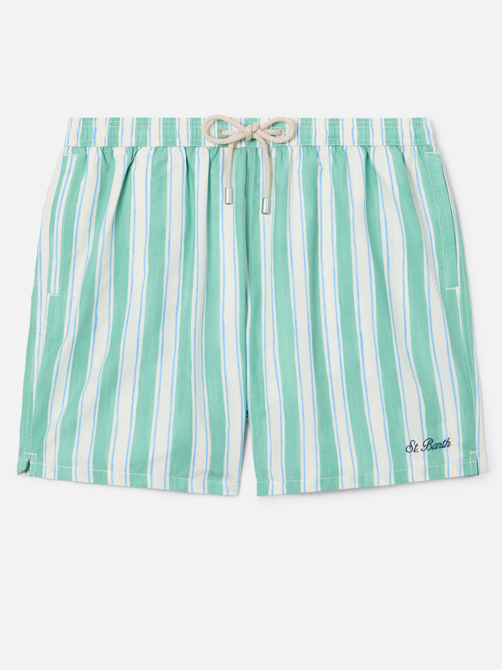 Syros swim shorts with green striped pattern and logo embroidery
