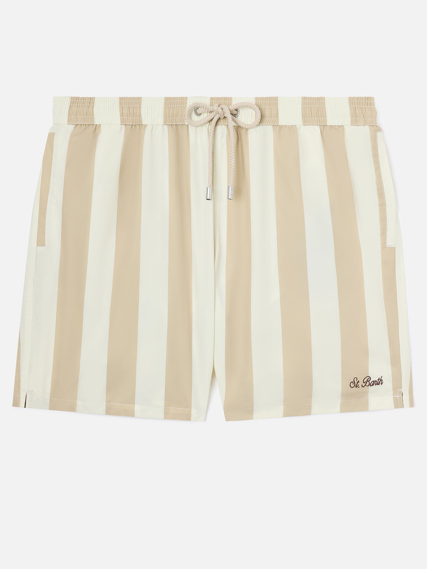 Bañador corto Syros con estampado de rayas blancas y beige 