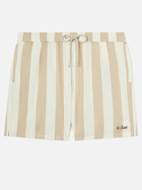 Bañador corto Syros con estampado de rayas blancas y beige 