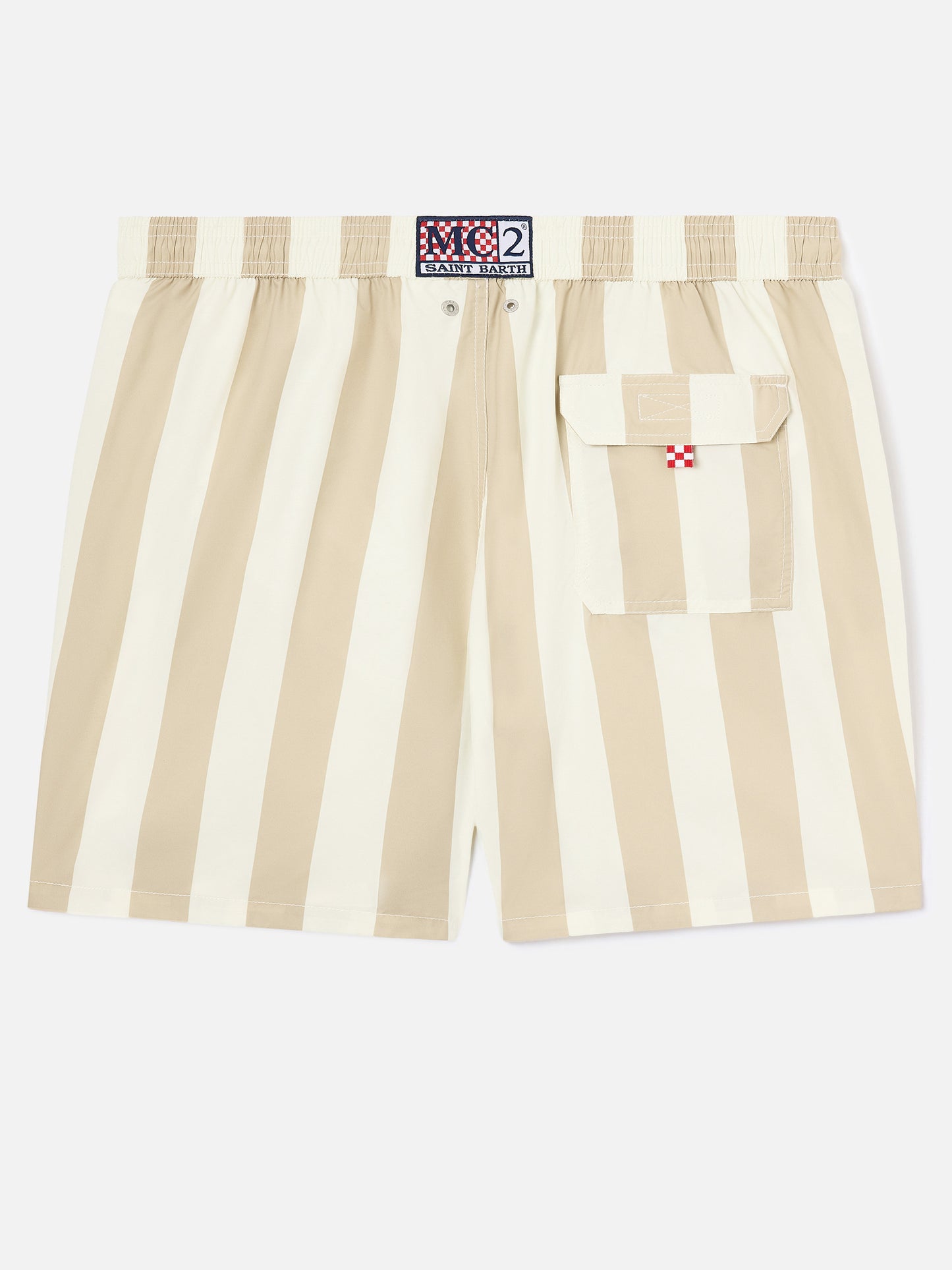 Bañador corto Syros con estampado de rayas blancas y beige 