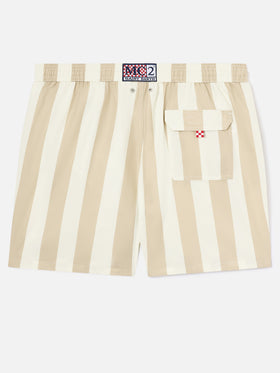 Bañador corto Syros con estampado de rayas blancas y beige 