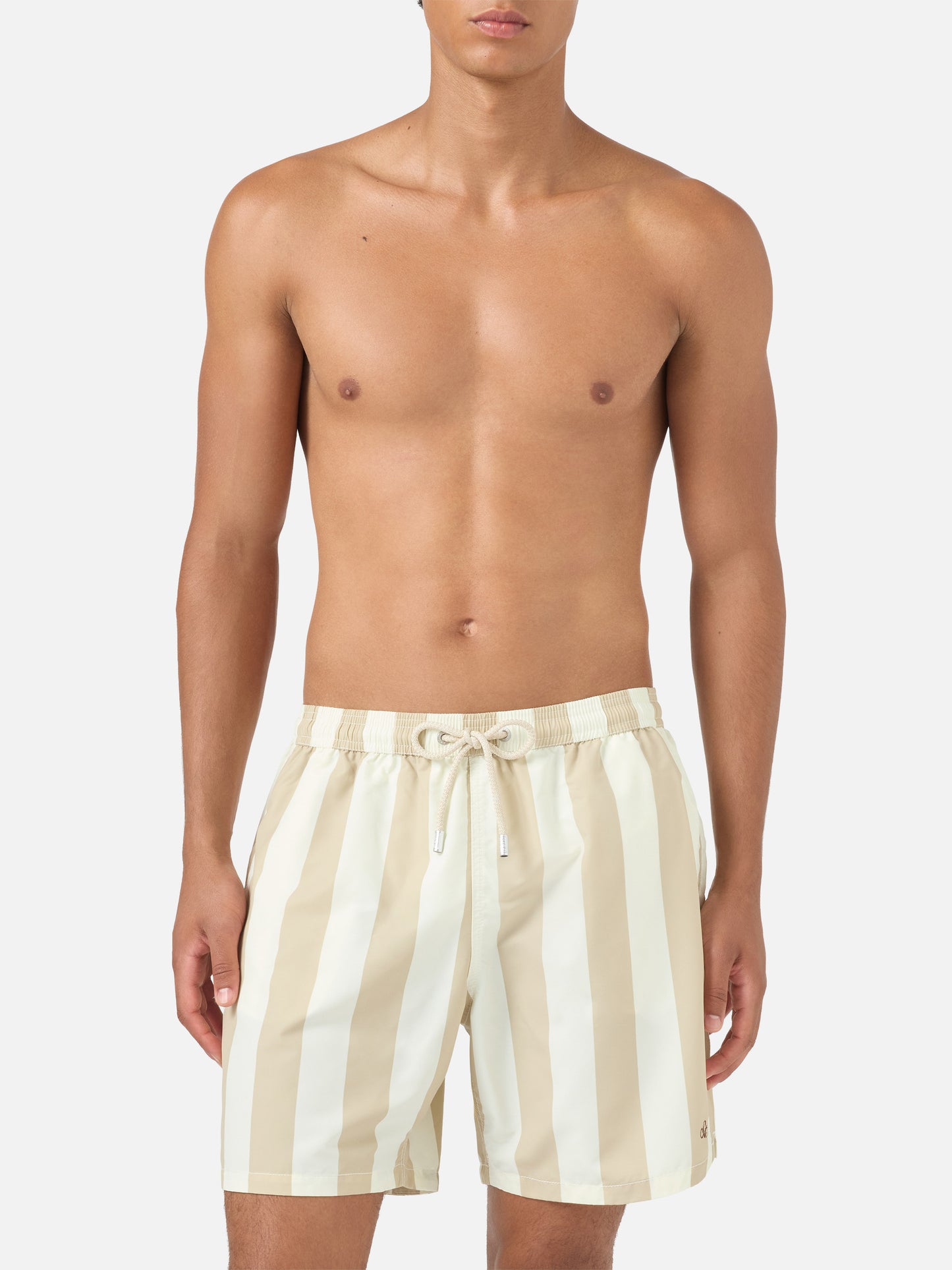 Bañador corto Syros con estampado de rayas blancas y beige 