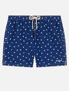 Costume mare Syros blu con ricamo pois a contrasto