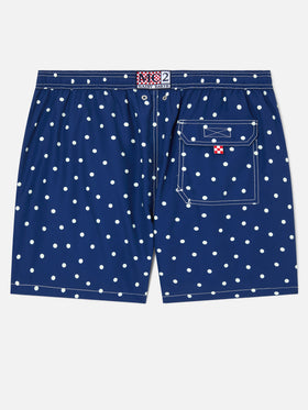 Costume mare Syros blu con ricamo pois a contrasto