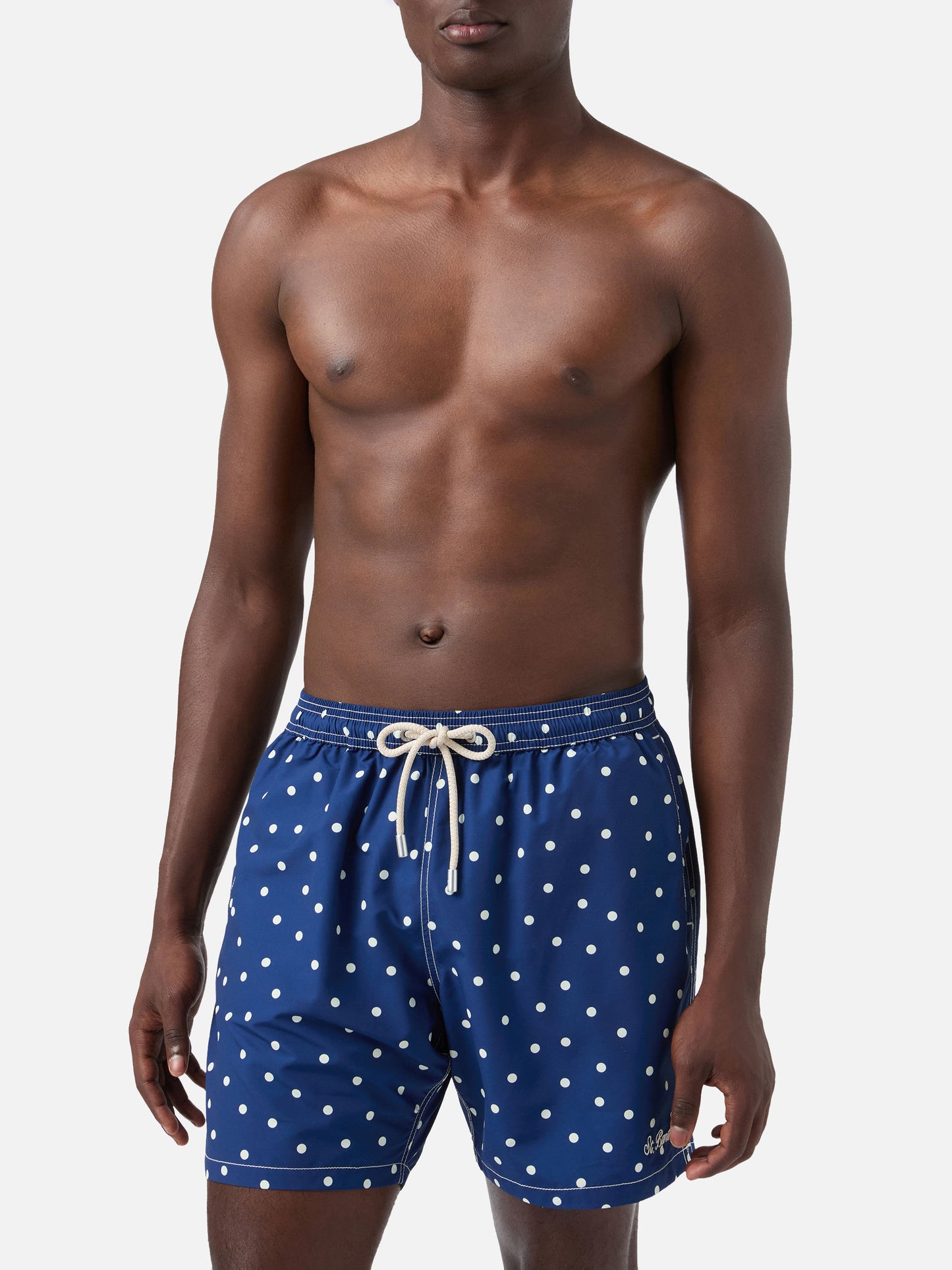 Costume mare Syros blu con ricamo pois a contrasto
