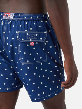 Costume mare Syros blu con ricamo pois a contrasto