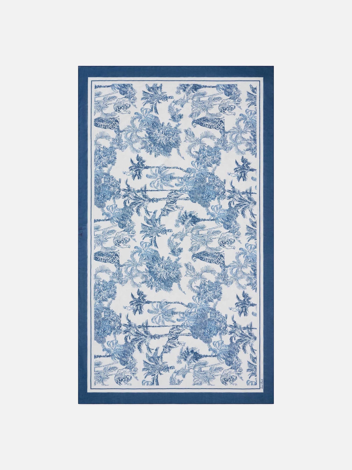 Pareo lungo Thaiti misto seta con stampa le toile de jouy blu