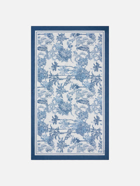 Pareo lungo Thaiti misto seta con stampa le toile de jouy blu