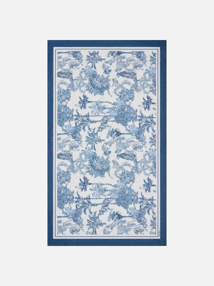 Paréo long Thaiti en mélange de soie avec imprimé toile de Jouy bleu 