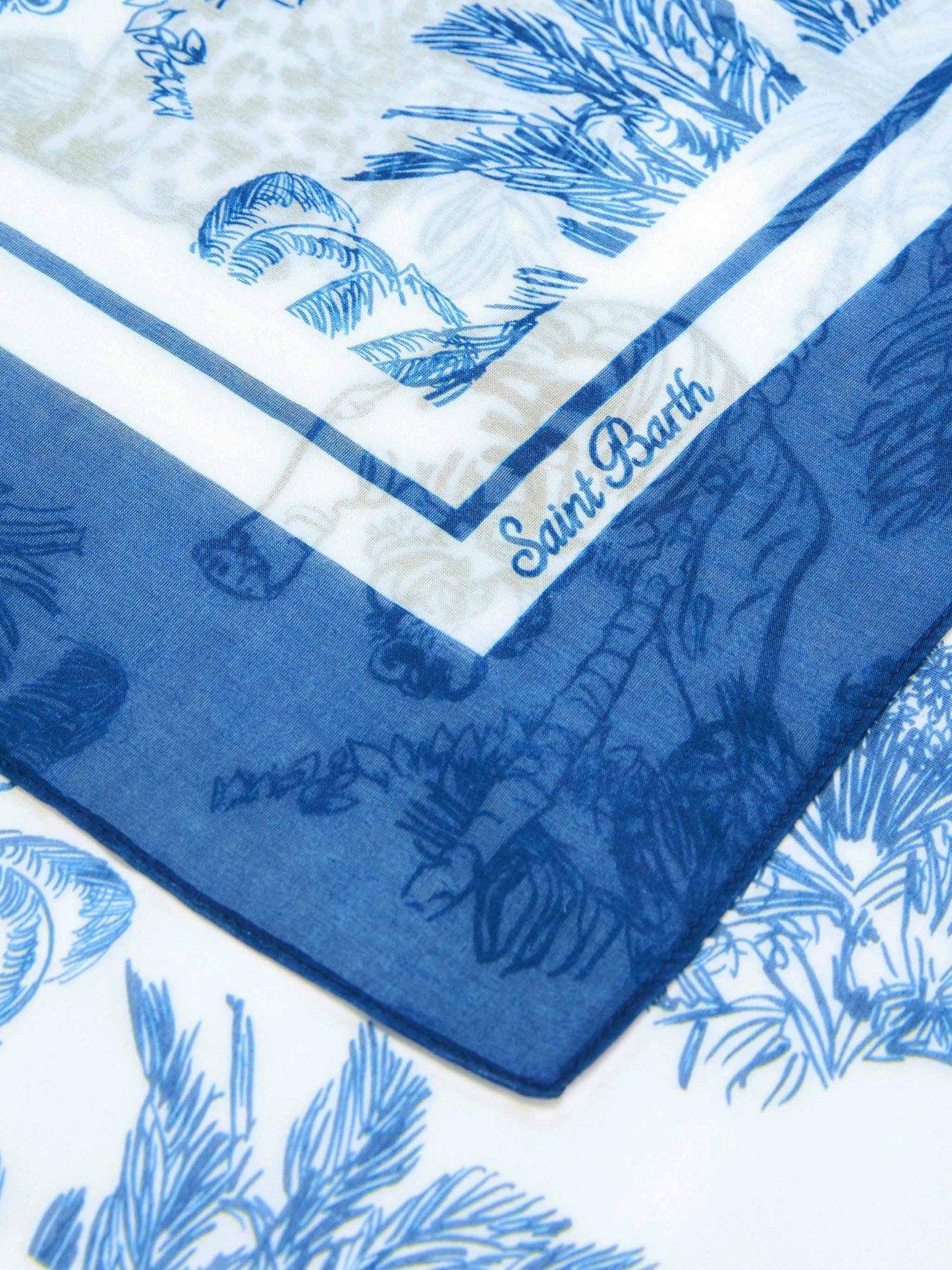 Pareo lungo Thaiti misto seta con stampa le toile de jouy blu