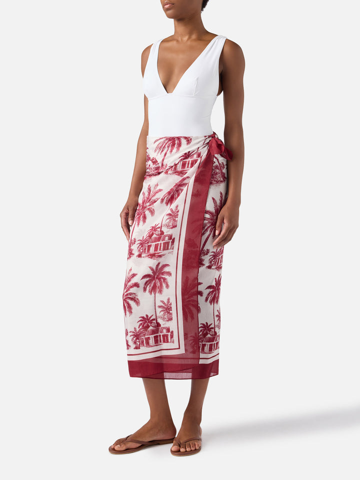 Pareo lungo Thaiti misto seta con stampa le toile de jouy bordeaux