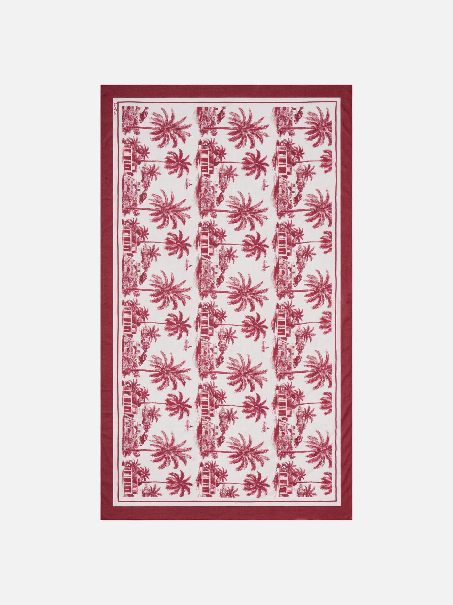 Thaiti long pareo in silk blend with burgundy toile de jouy print