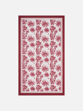 Thaiti long pareo in silk blend with burgundy toile de jouy print