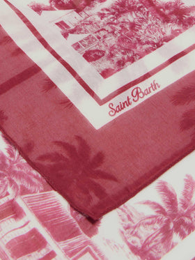 Thaiti long pareo in silk blend with burgundy toile de jouy print