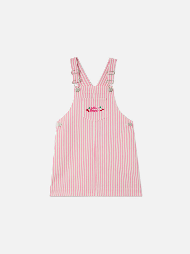 Vestito salopette Tecla Jr in denim a righe rosa con ricamo