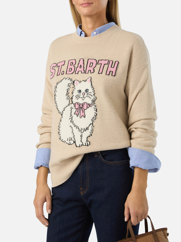 Pull col rond en maille Tessa beige en mélange de laine et cachemire avec intarsia kitten 