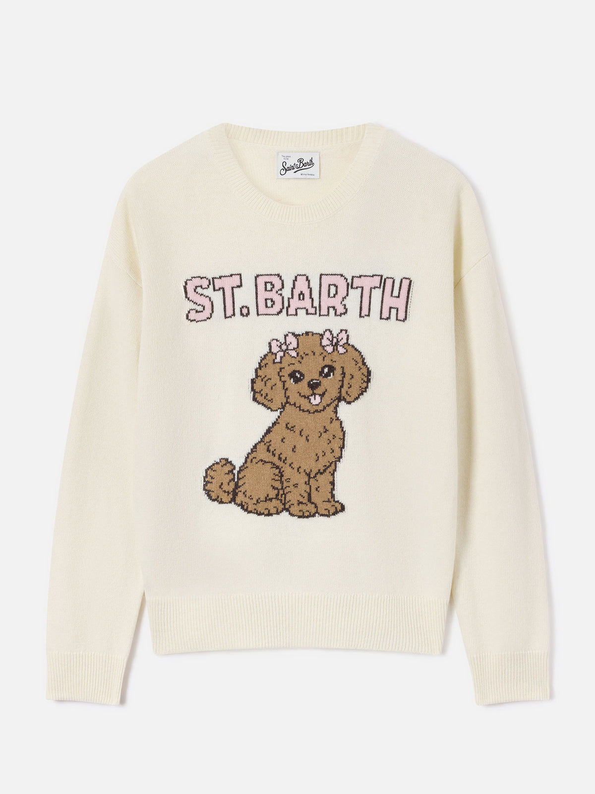 Jersey de cuello redondo Tessa color blanco roto en mezcla de lana y cachemira con intarsia de caniche 