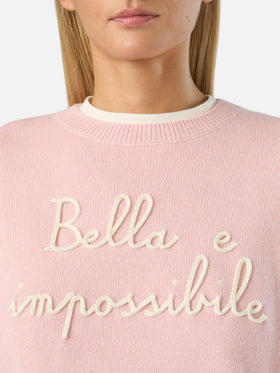 Pink Tessa wool and cashmere blend crewneck knit with Bella E Impossibile embroidery