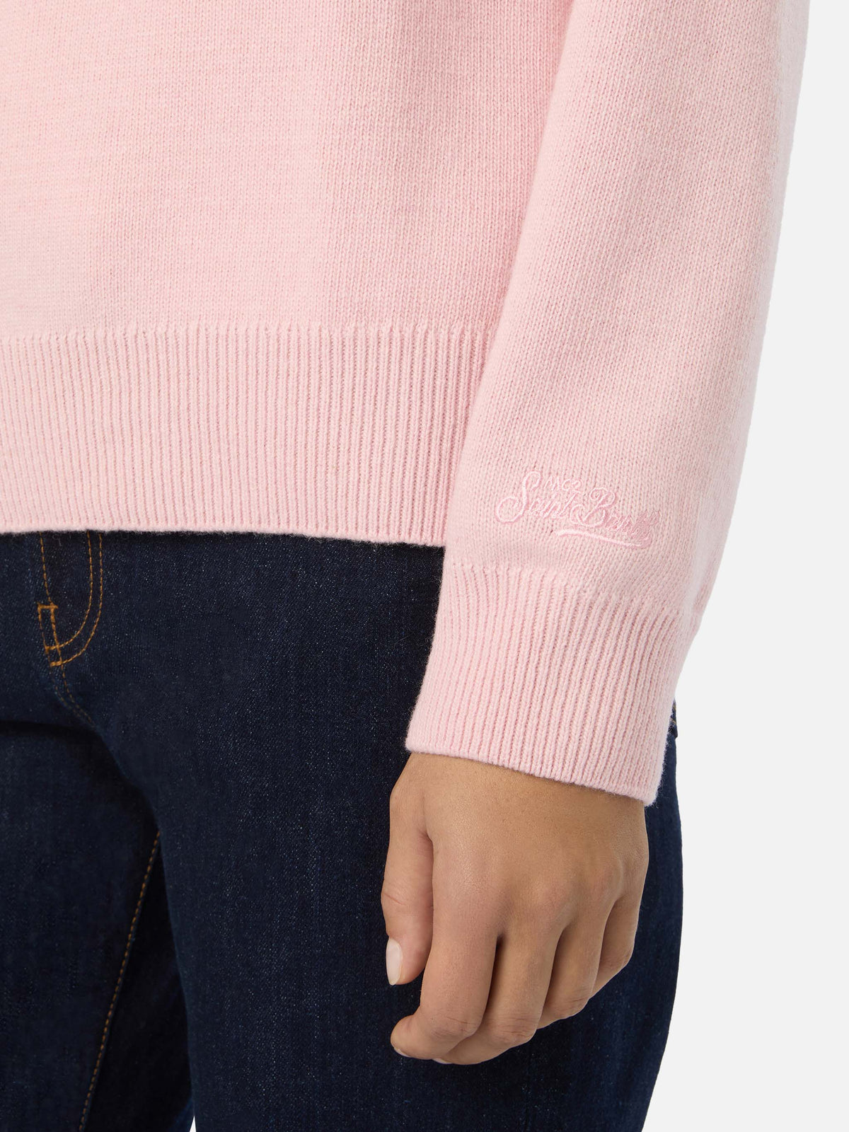 Pink Tessa wool and cashmere blend crewneck knit with Bella E Impossibile embroidery