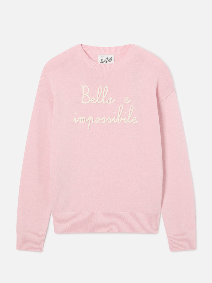 Pink Tessa wool and cashmere blend crewneck knit with Bella E Impossibile embroidery