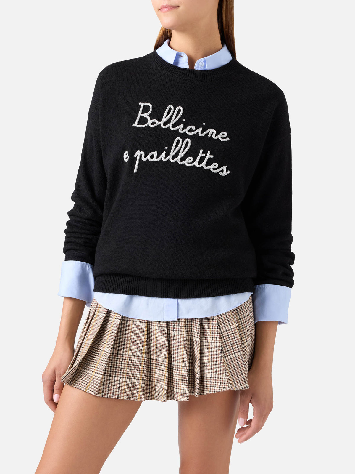 Pull col rond Tessa noir en mélange de laine et cachemire avec broderie Bollicine E Paillettes 