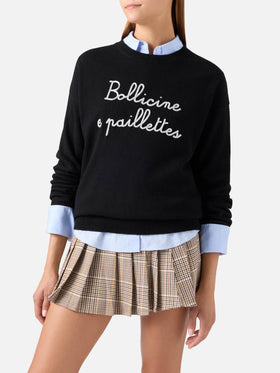 Pull col rond Tessa noir en mélange de laine et cachemire avec broderie Bollicine E Paillettes 