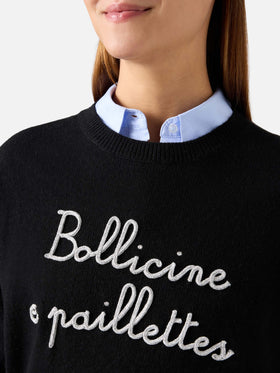 Pull col rond Tessa noir en mélange de laine et cachemire avec broderie Bollicine E Paillettes 
