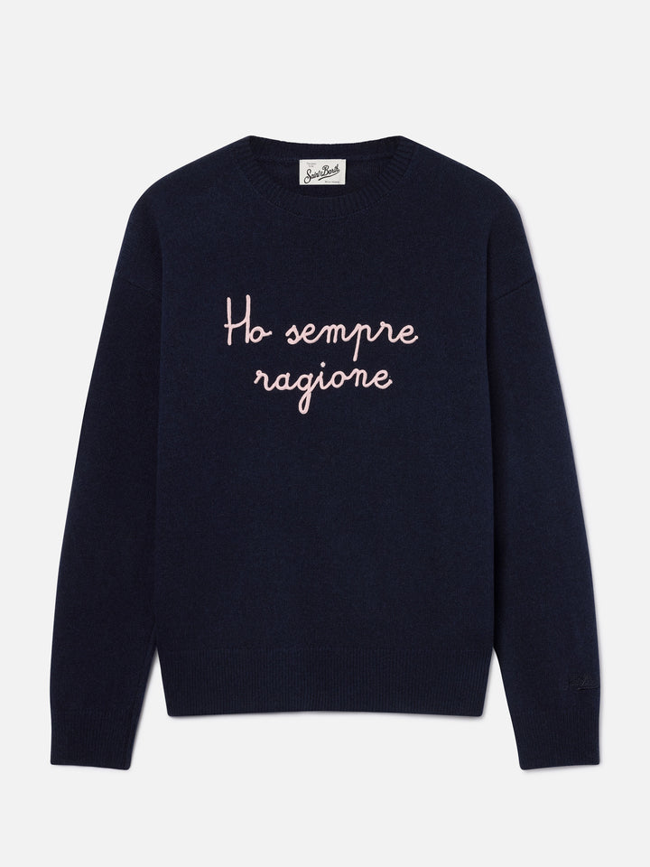 Maglia girocollo Tessa blu navy in misto lana e cashmere con ricamo Ho Sempre Ragione