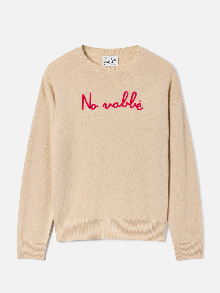 Maglia girocollo Tessa beige in misto lana e cashmere con ricamo No Vabbè