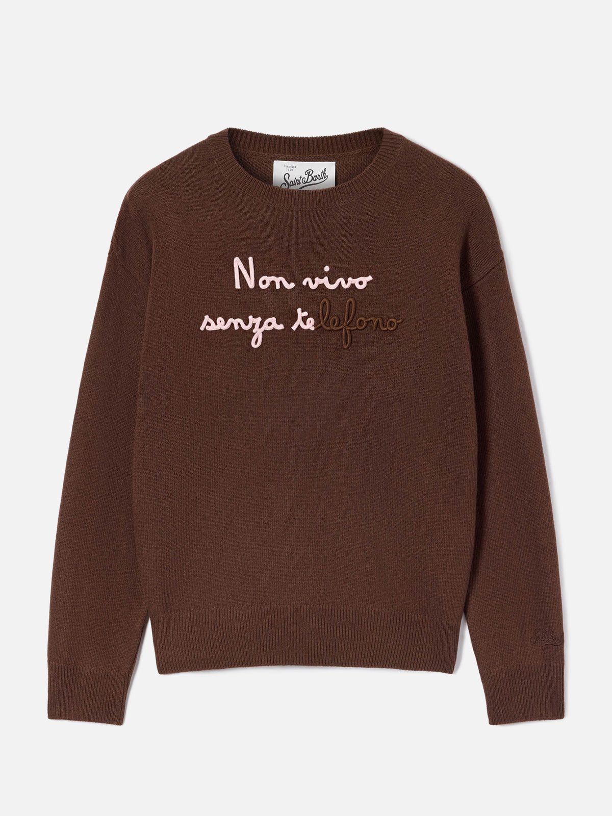 Brown Tessa wool and cashmere blend crewneck knit with Non Vivo Senza Te embroidery