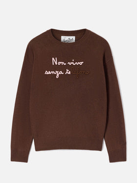 Brown Tessa wool and cashmere blend crewneck knit with Non Vivo Senza Te embroidery