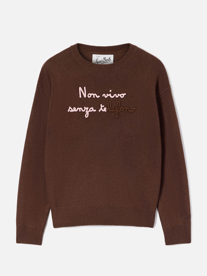 Maglia girocollo Tessa marrone in misto lana e cashmere con ricamo Non Vivo Senza Te