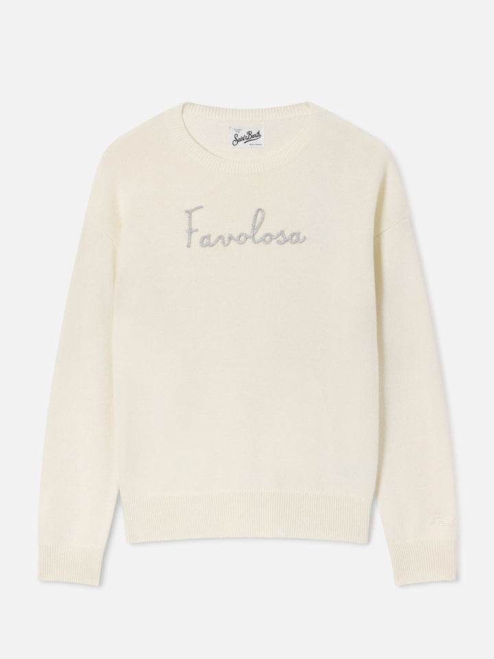 Maglia girocollo Tessa off white in misto lana e cashmere con ricamo Favolosa