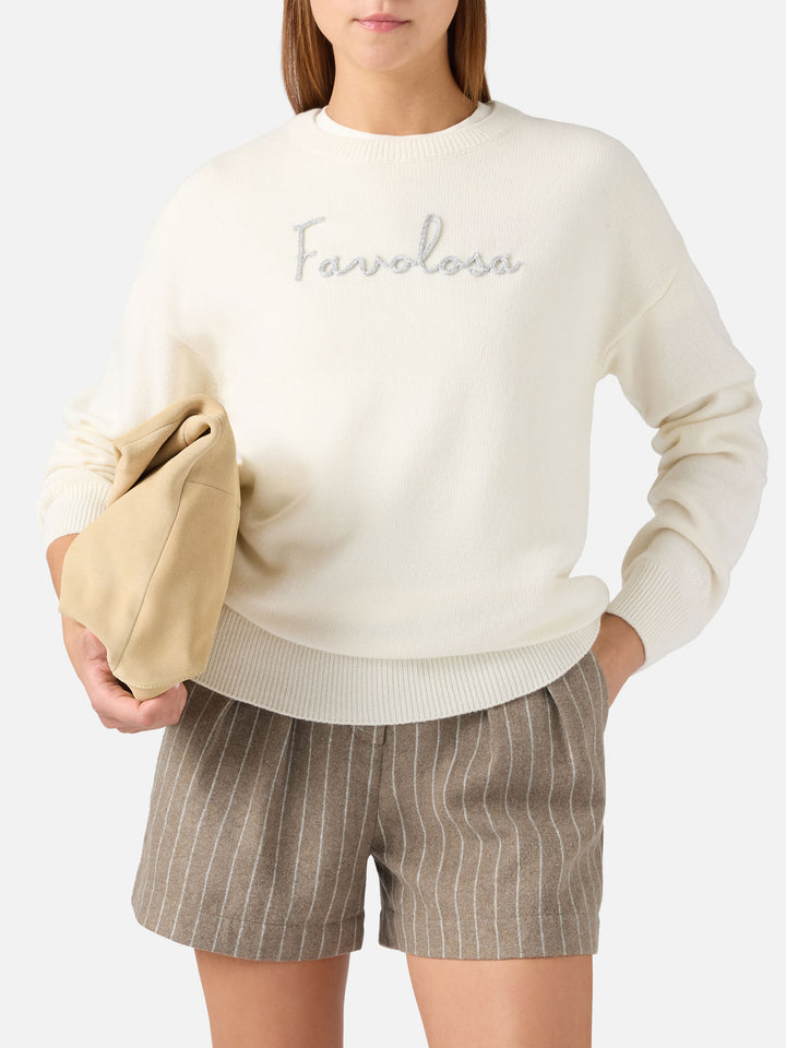 Off-white Tessa Rundhals-Strick aus Wolle und Kaschmir-Mischung mit Favolosa-Stickerei 