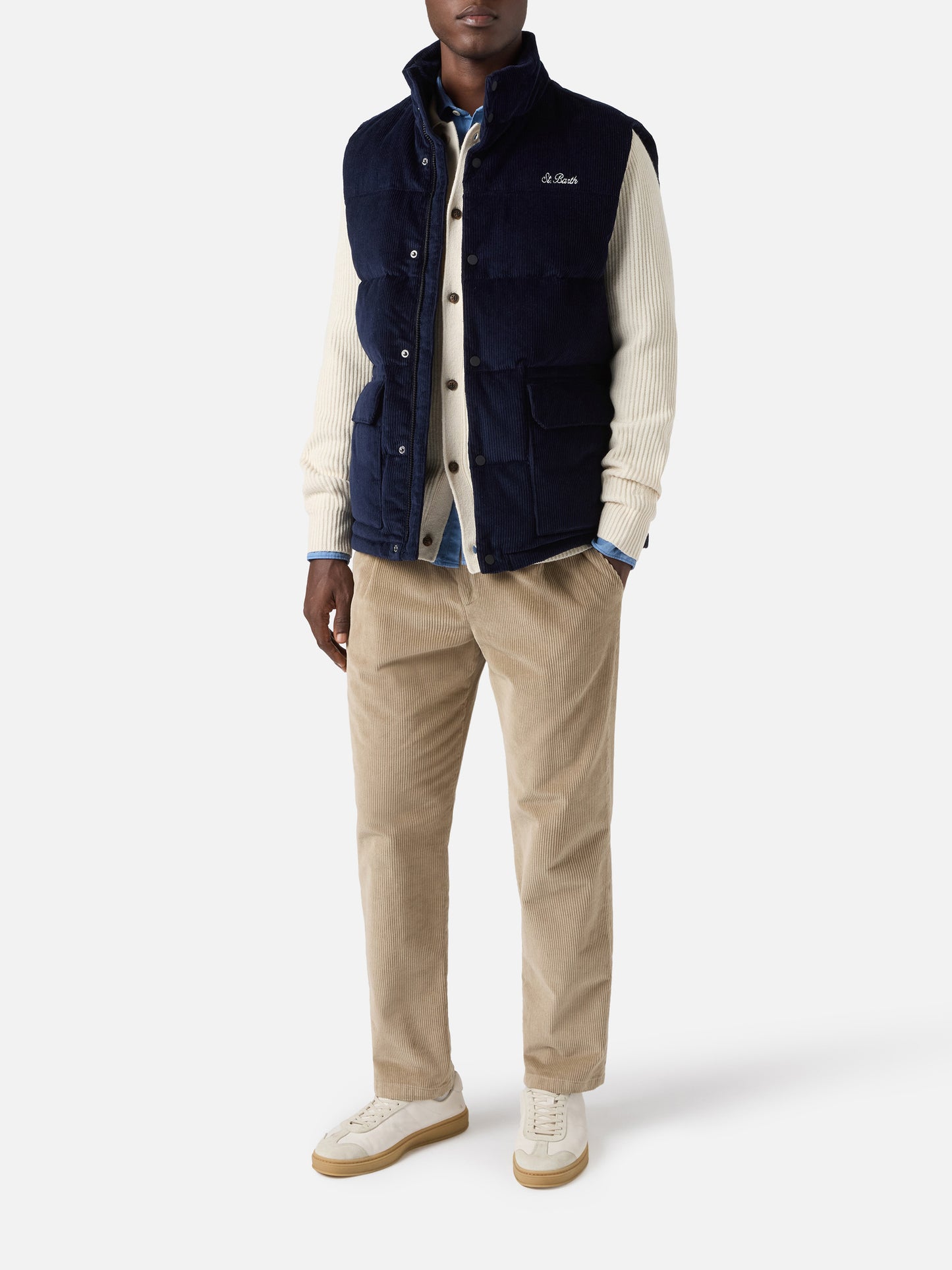 Gilet imbottito in piuma Thunder in corduroy blu navy