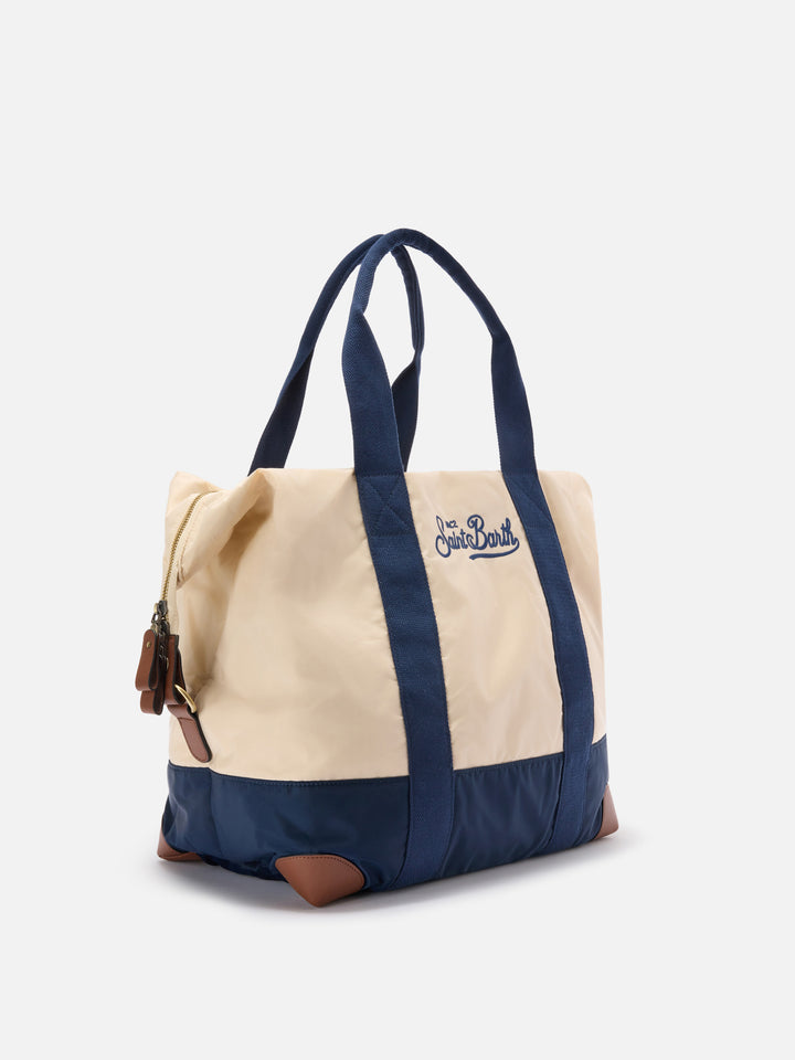 Travel Bag cream and blue nylon weekender with embroidered logo