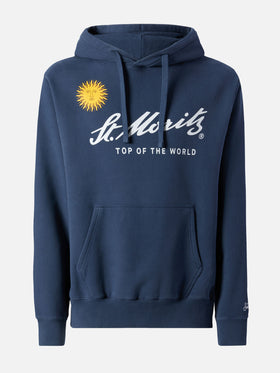 Tribeca cotton hoodie in blue with St. Moritz print | ST. MORITZ TOP OF THE WORLD