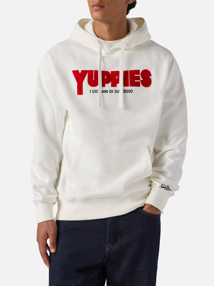 Tribeca cotton hoodie in white with Yuppies flock print | YUPPIES SPECIAL EDITION