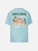 Boy cotton t-shirt with Porto Cervo addicted postcard print