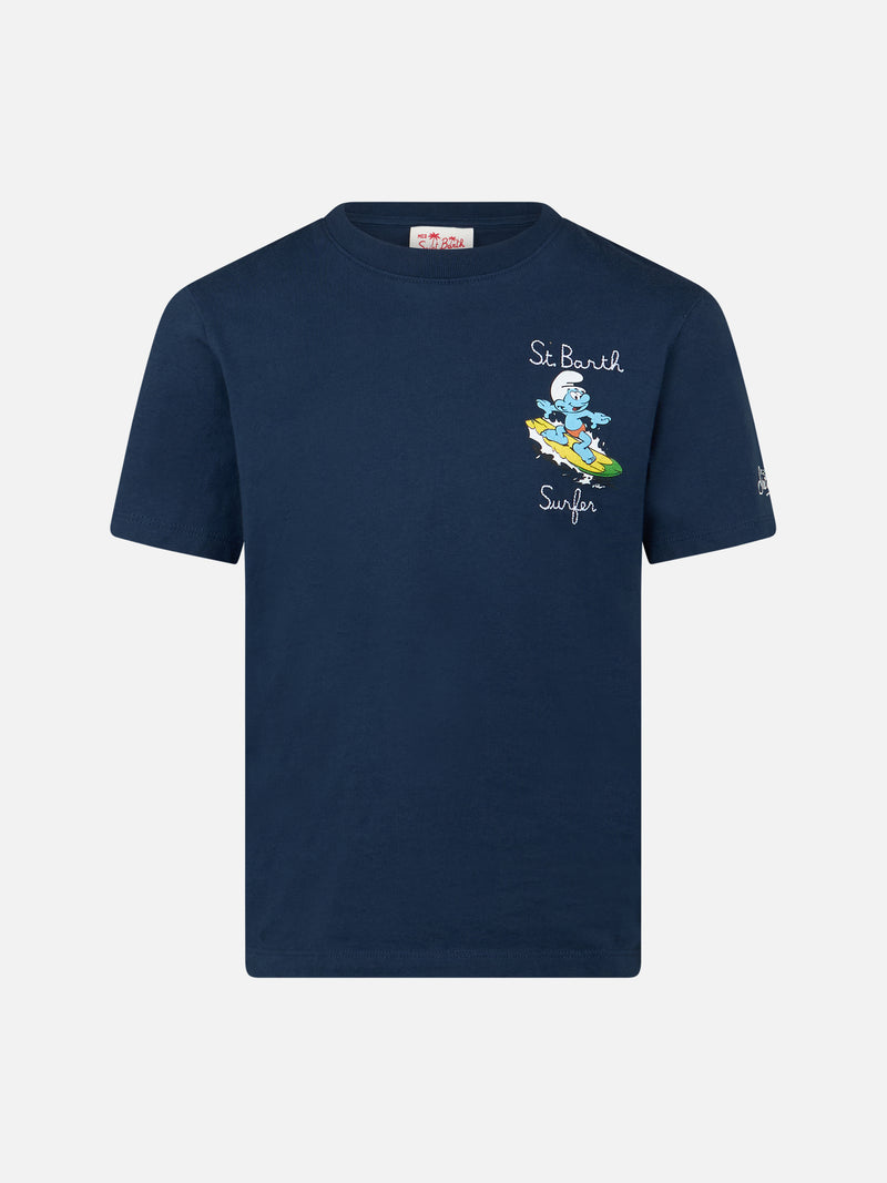 Boy cotton t-shirt with Smurf print and St. Barth Surfer embroidery | THE SMURF SPECIAL EDITION