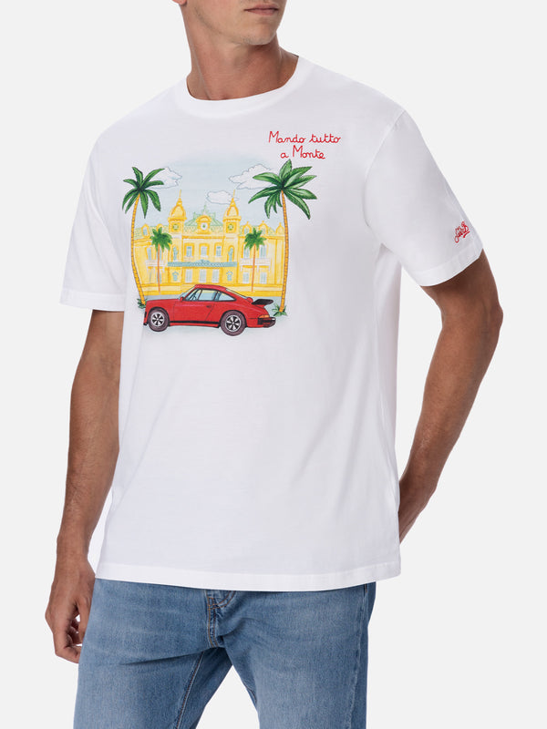 Man cotton t-shirt with Montecarlo placed print and embroidery