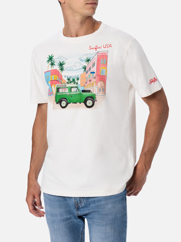 T-shirt da uomo in cotone con stampa piazzata e ricamo Surfin' USA