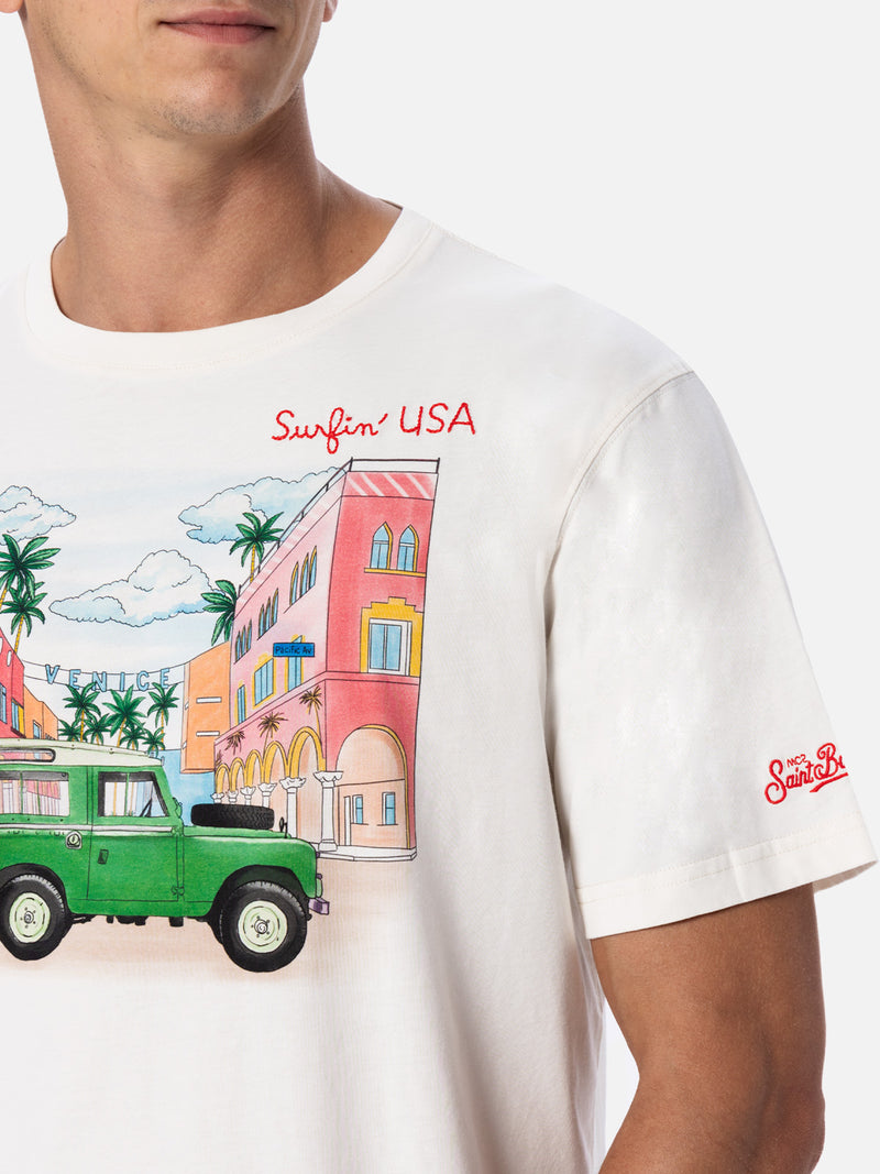 T-shirt da uomo in cotone con stampa piazzata e ricamo Surfin' USA