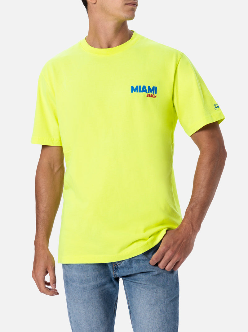 Man cotton t-shirt with Miami Beach postcard placed print