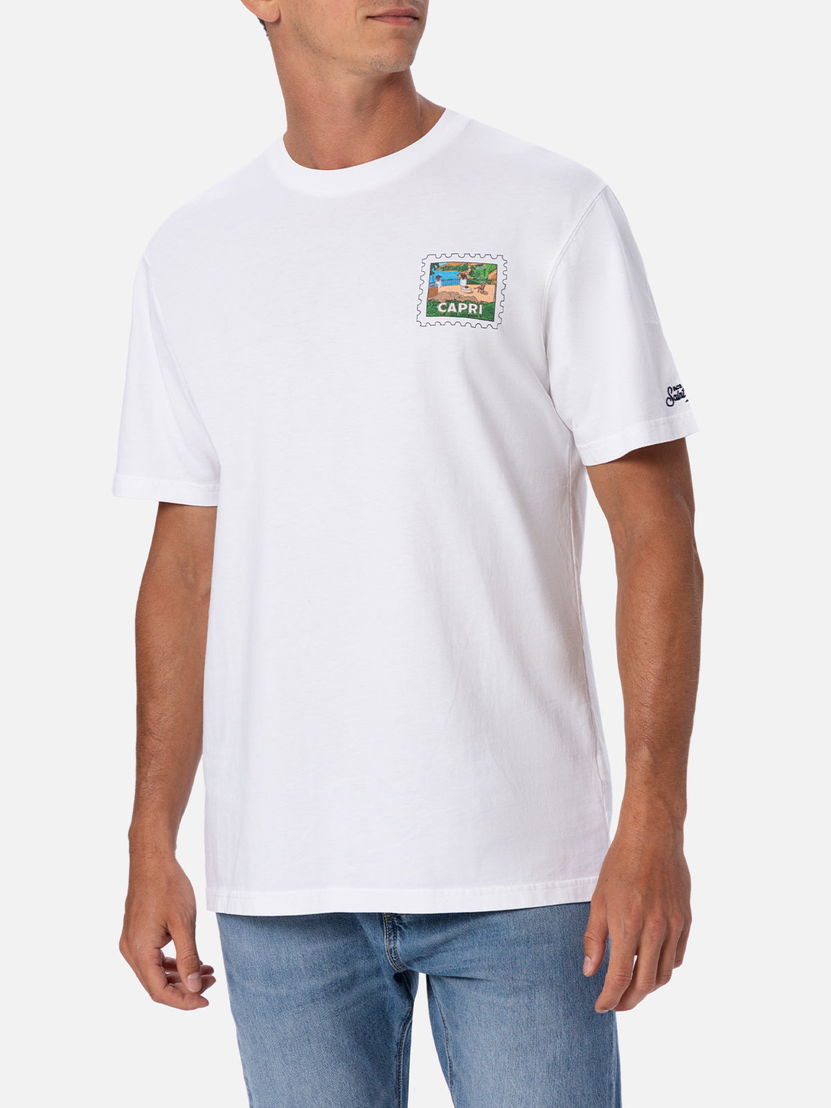 T-shirt uomo in cotone con stampa cartolina capri davanti e dietro | EDIZIONE SPECIALE ALESSANDRO ENRIQUEZ
