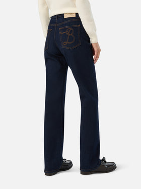 Blue Pantalon June en denim de coton avec broderie monogramme SB 