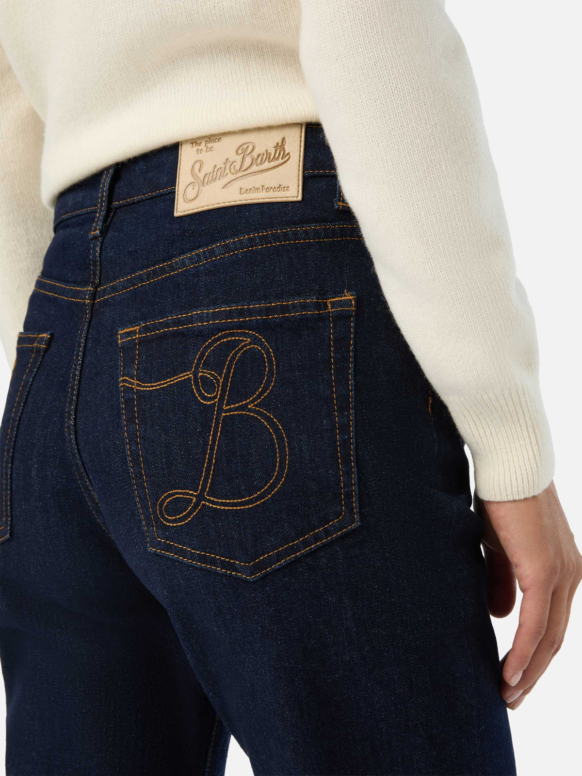 Blue Pantalon June en denim de coton avec broderie monogramme SB 