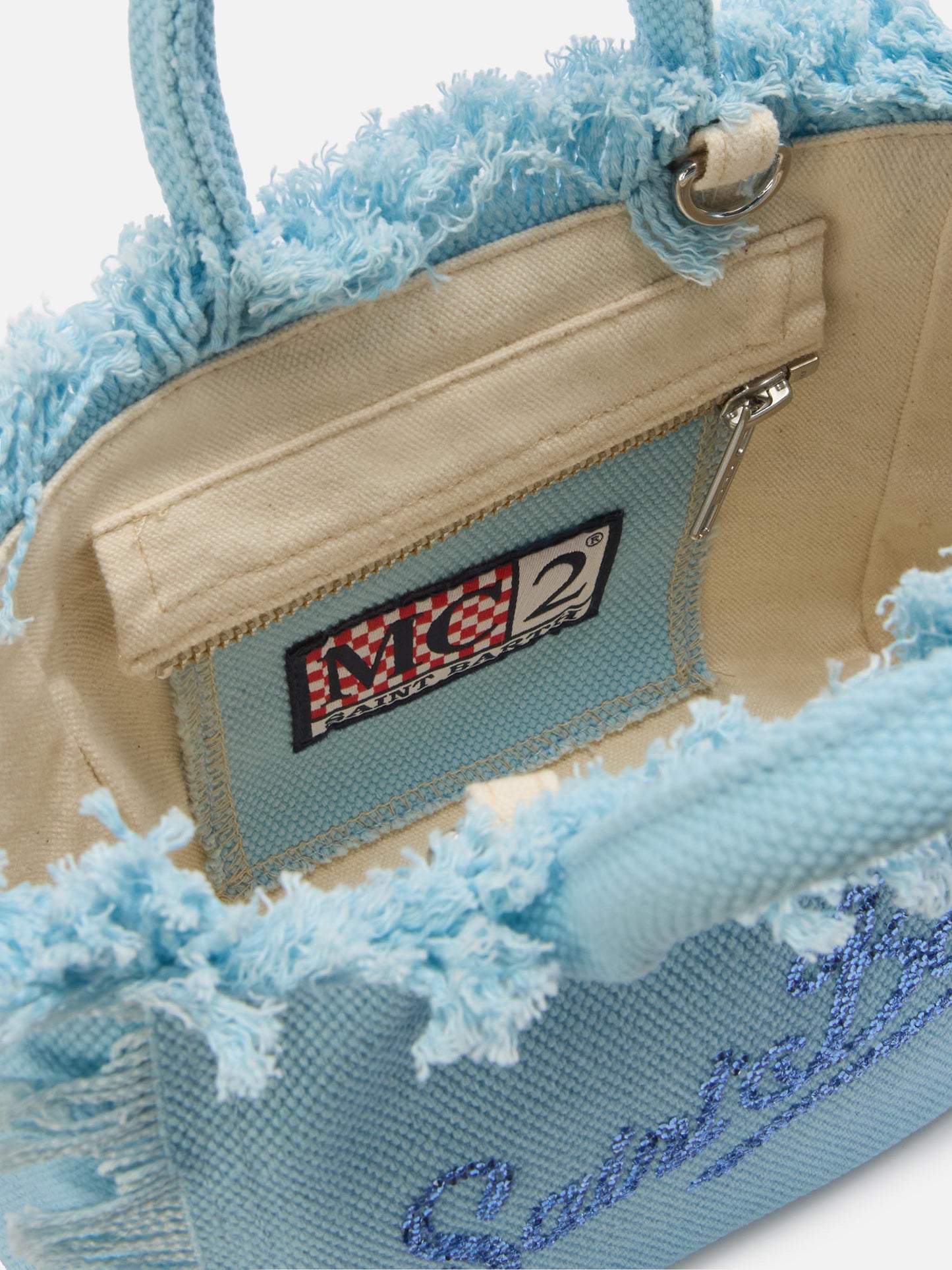 Light blue canvas Vanity mini bag with rhinestone logo