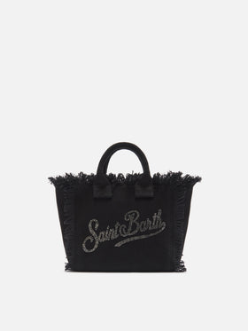 Borsa Vanity mini in canvas nera con logo in strass