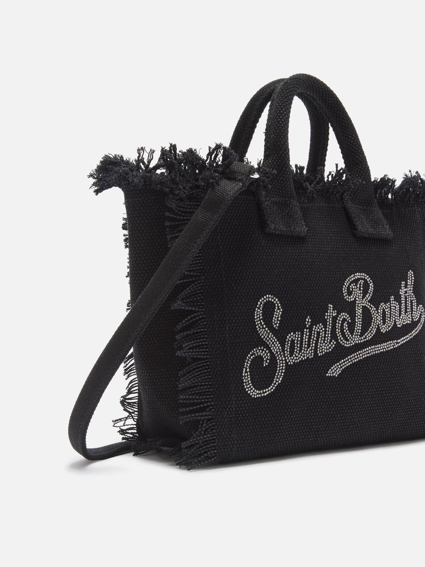 Borsa Vanity mini in canvas nera con logo in strass